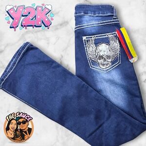 Flare Skull Jeans Womens 7/8 Dark Wash Denim Rhinestone Y2K 2000s Edgy Bling NWT